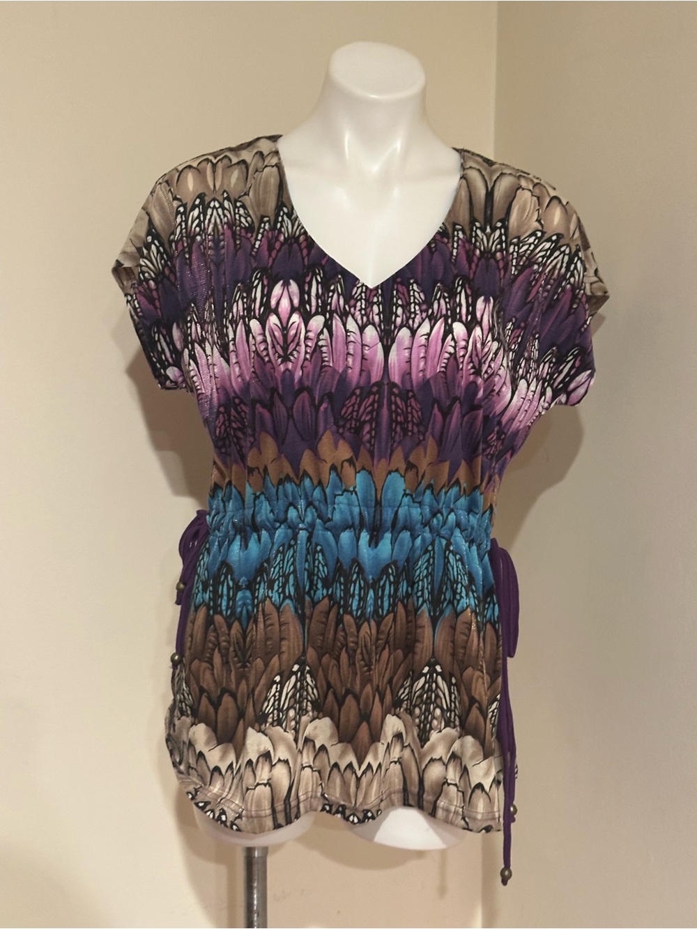 AOYAMA V-Neck Feather-Pattern Tunic in Purple, Blue & Brown Ties On Sides Sz S